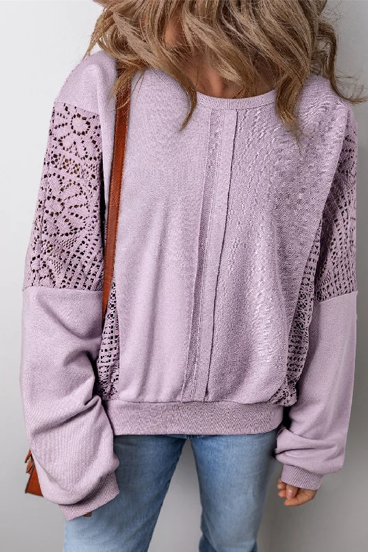 Simple Matching Crochet Round Neck Long Sleeve Sweatshirt