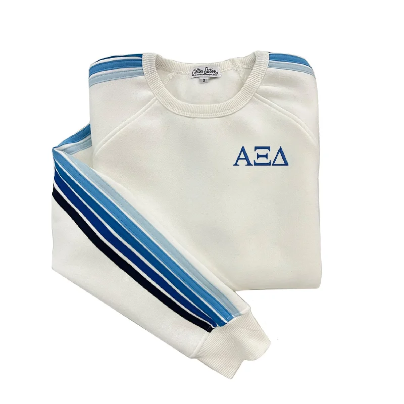 Trendy And Casual Alpha Xi Delta 5 Stripe Crewneck Sweatshirt