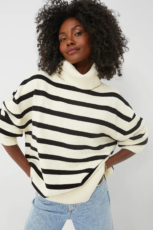 Trends Ecru and Black Striped Turtleneck Sweater