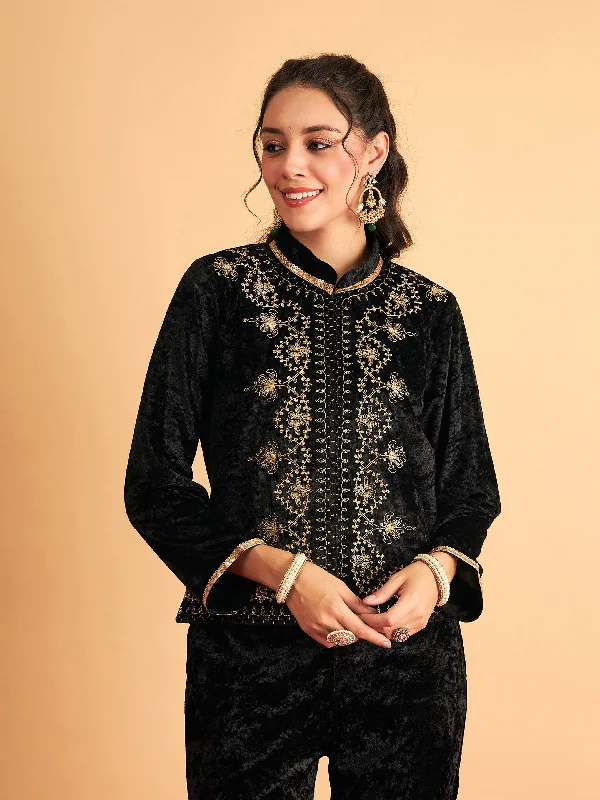 Versatile Comfort Women Black Velvet Front Embroidered Jacket