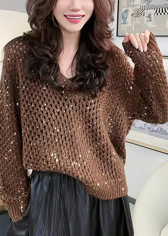 Versatile Outfits Italian Coffee V Neck Sequins Hollow Out Knit Sweater Tops Spring