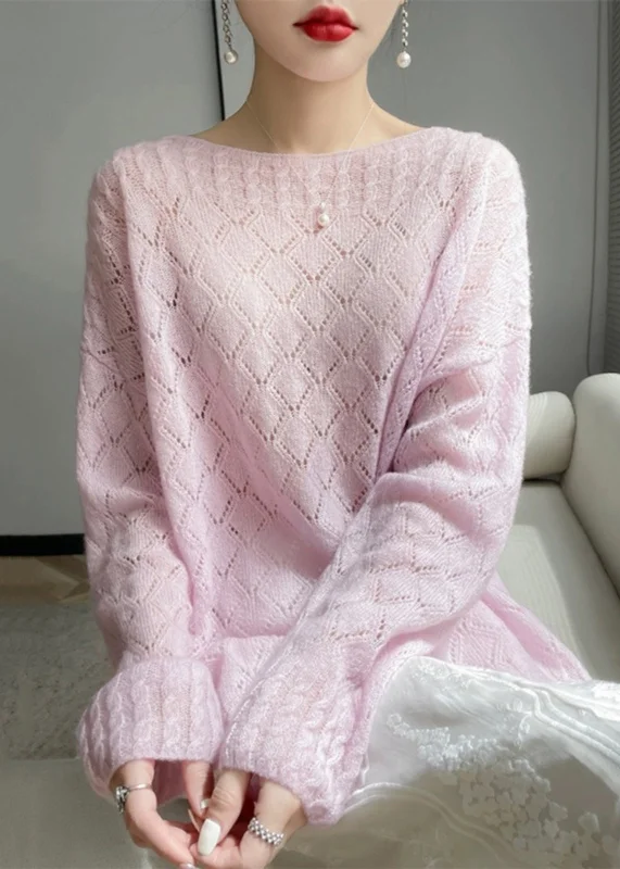 High-end Sense Italian Pink O Neck Hollow Out Cozy Knit Sweaters Spring