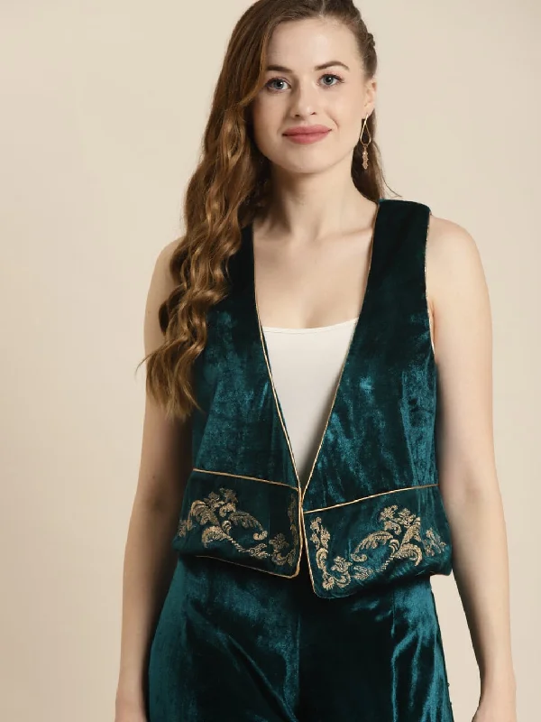 Light Layers Teal Embroidered Velvet Waistcoat