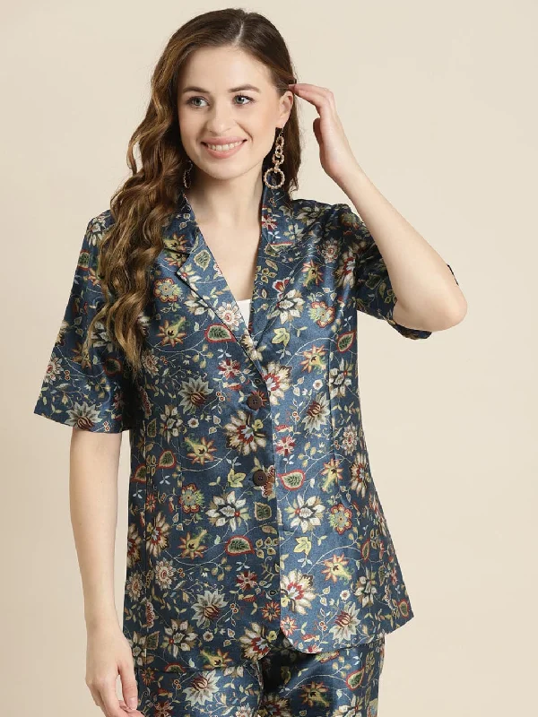 College Style Navy Floral Short Sleeves Blazer