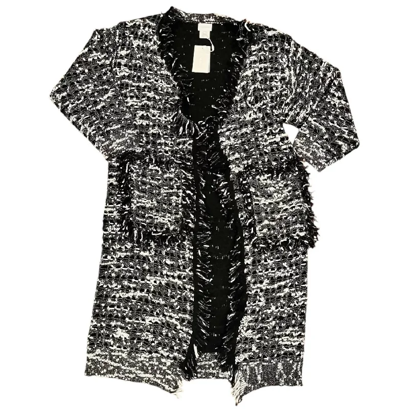 Elegant Wear Women's Long Cardigan Fringe Knit Sweater In Black/white