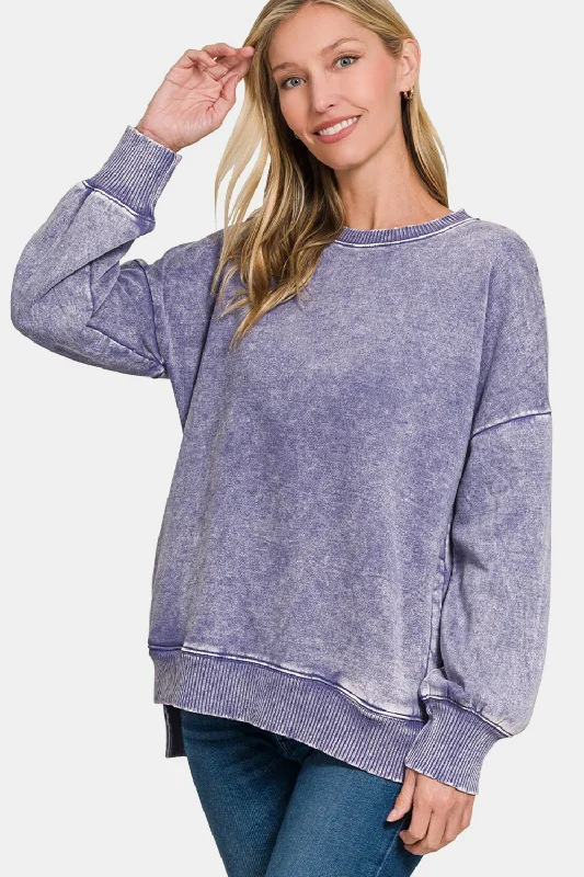 Loose Fit Zenana High-Low Acid Wash Fleece Sweatshirt