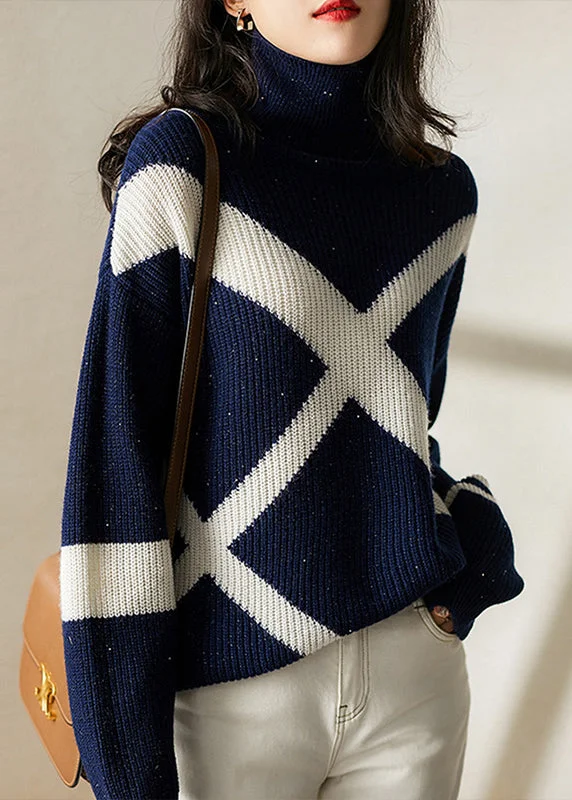 Fashionable And Fashionable Chic Navy Turtleneck Cozy Wool Sweaters Long Sleeve