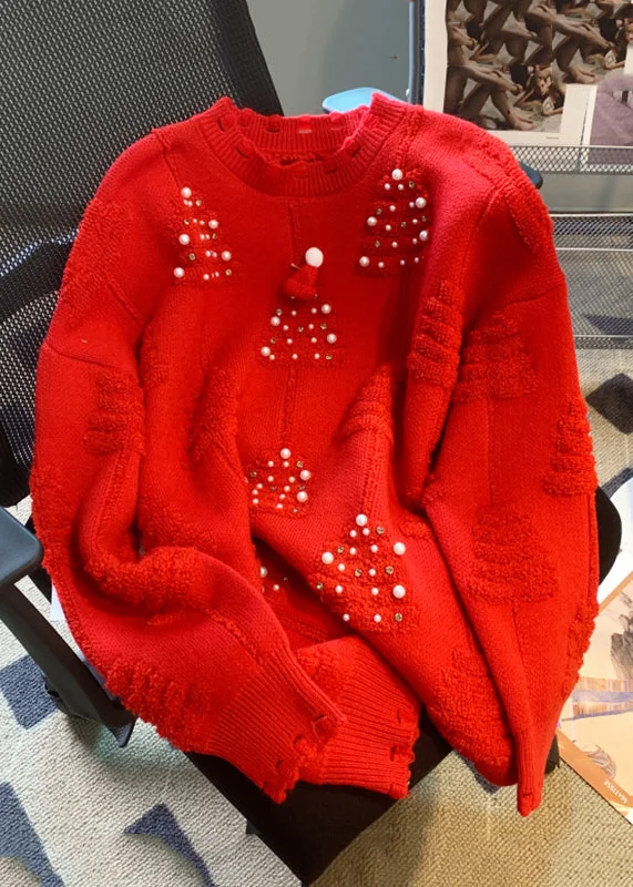 Personalized Series Loose Red O-Neck Nail Bead Patchwork Cotton Knit Sweaters Spring