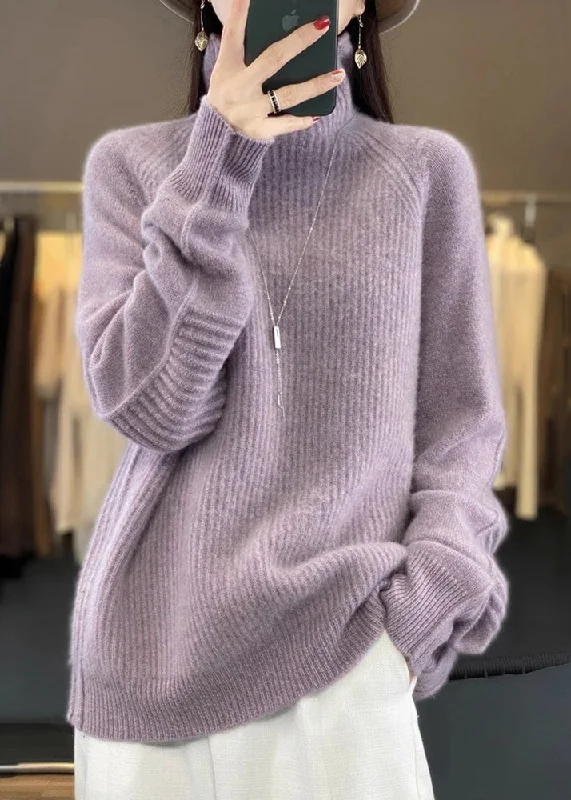 Urban Style Loose Purple Turtleneck Cozy Cotton Knit Sweaters Long Sleeve