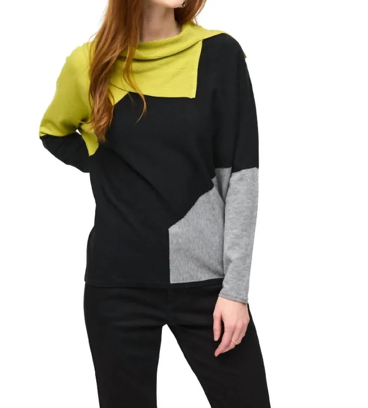 Luxury Temperament Asymmetrical Sweater In Wasabi/black/grey Melange