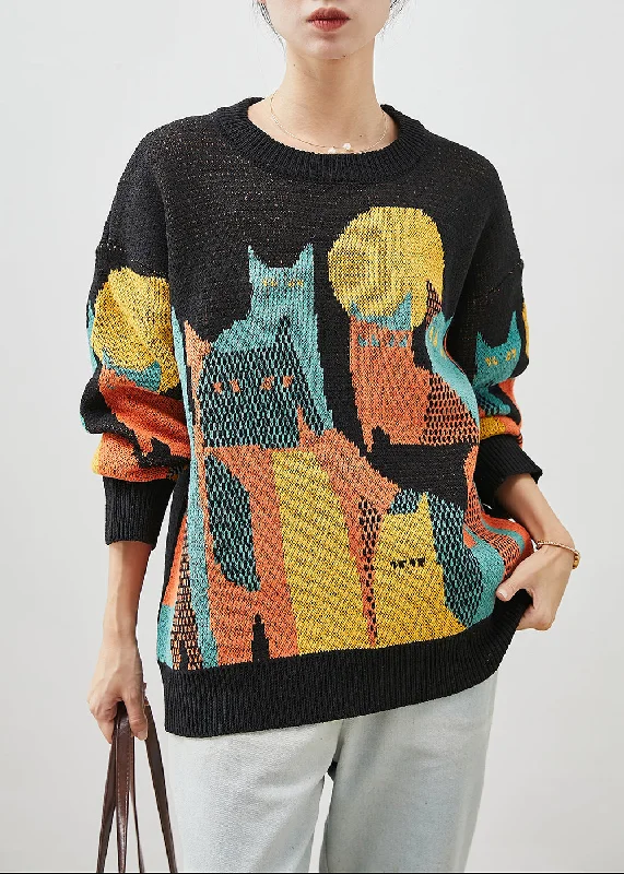 Personalized Outfit Original Design Black Print Knit Short Sweater Winter