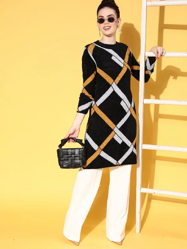 Versatile Outfits Women Black & Mustard Check Hair Wool Long Sweater