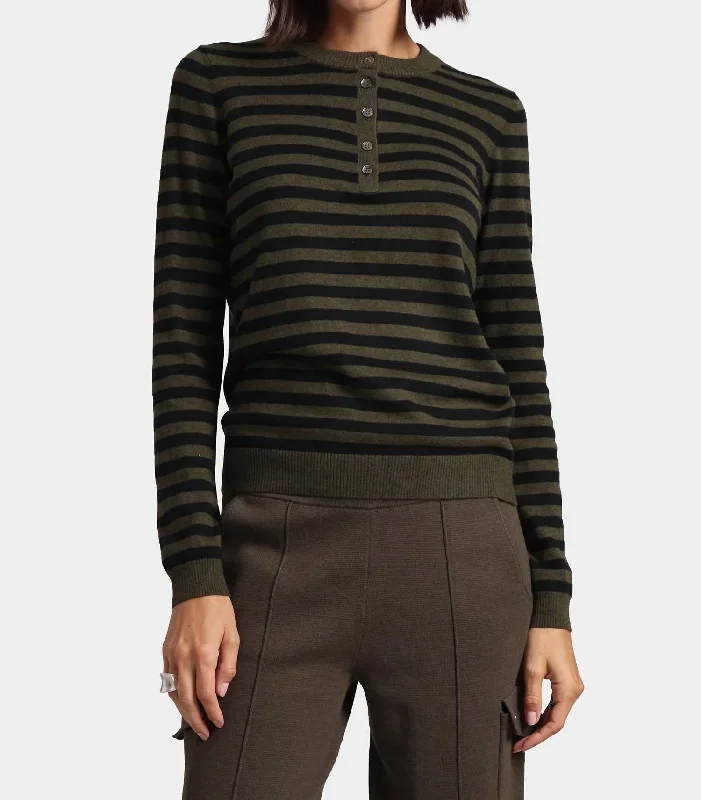 British Style Cotton Cashmere Striped Henley Sweater In Army/black