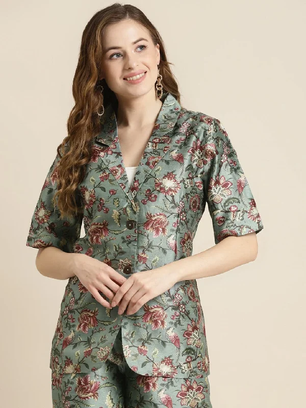 Versatile Comfort Wear Olive Floral Short Sleeves Blazer