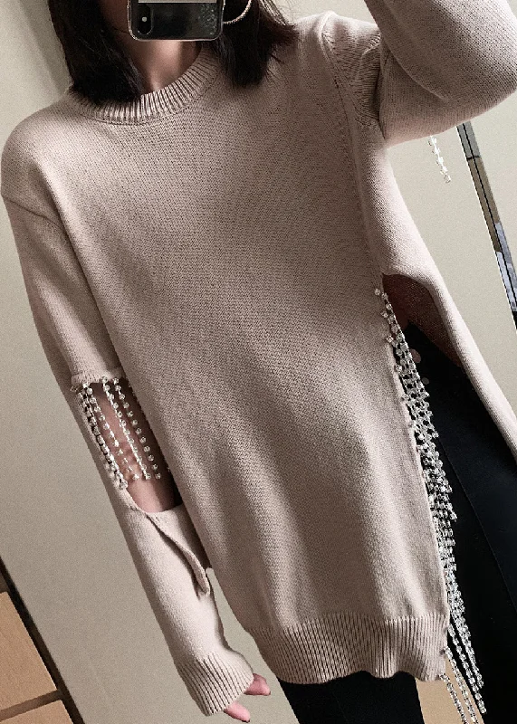 Casual Choice Camel Zircon Side Open Cotton Knit Sweaters O Neck Spring