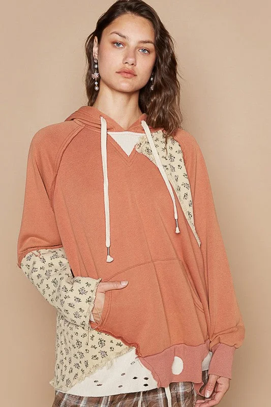 Trendy Wear POL Floral Patchwork Distressed Drawstring Hoodie
