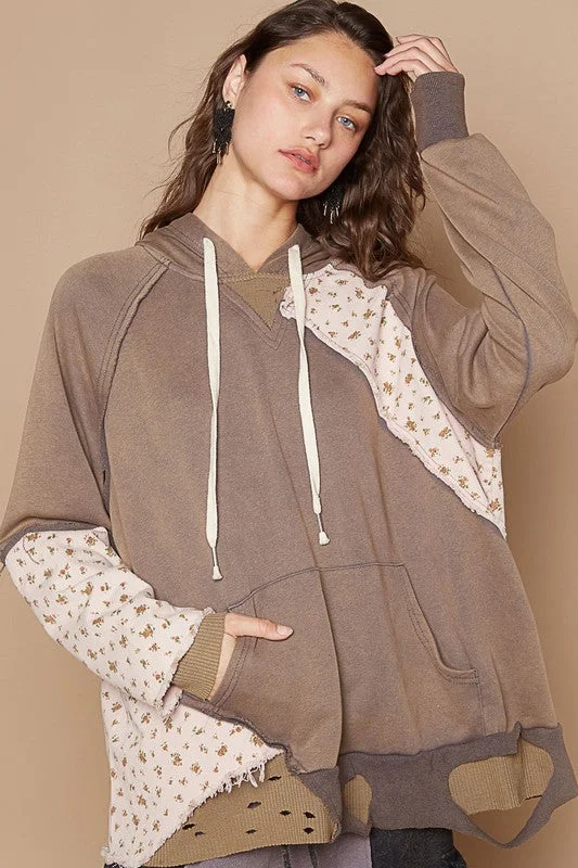 Casual Comfort POL Floral Patchwork Distressed Drawstring Hoodie