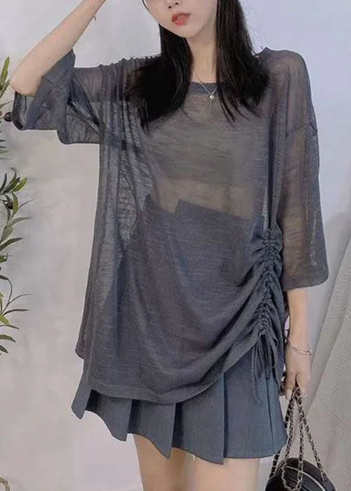 Carefree Loose Dark Gray Lace Up Cozy Ice Silk Knit Top Half Sleeve
