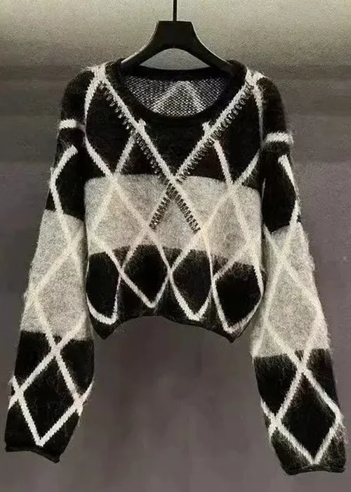 Energy Wear Chic Black Plaid Sequined Patchwork Cotton Knit Sweaters Long Sleeve