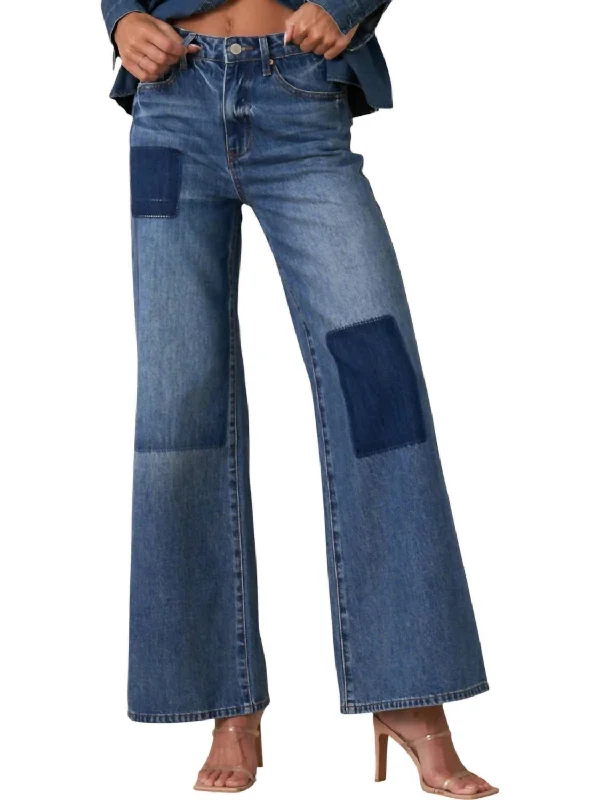Soft Fabric Looks Relaxed Wide Leg Patchwork Jeans In Blue