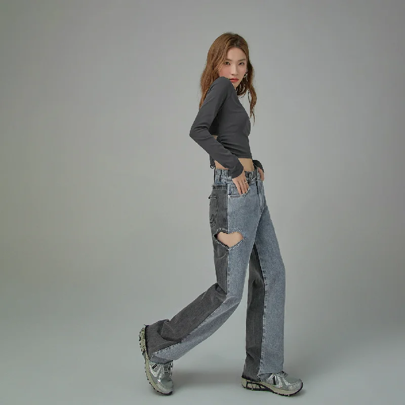 Body Design Heart Cutout Wide Straight Jeans