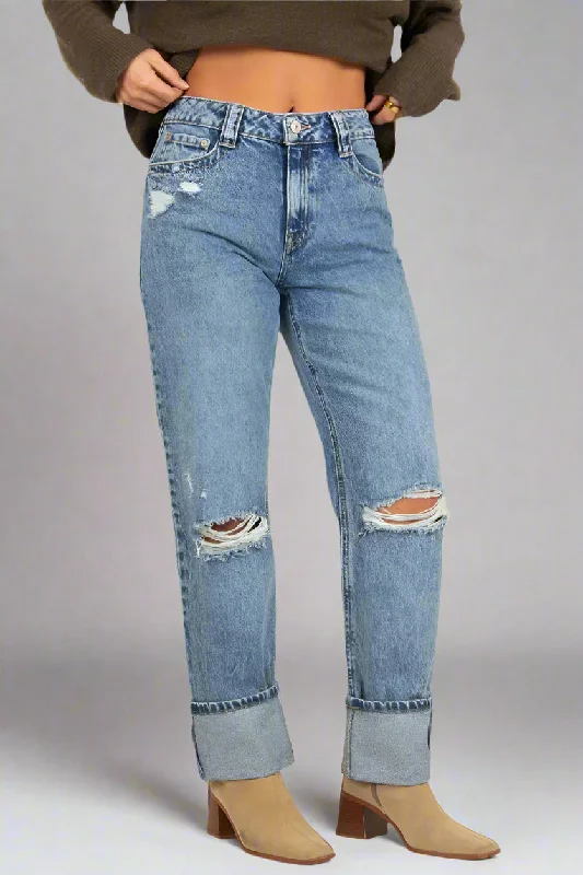Elegant Temperament Cuffed Straight Ankle Jeans - Vintage Blue Black