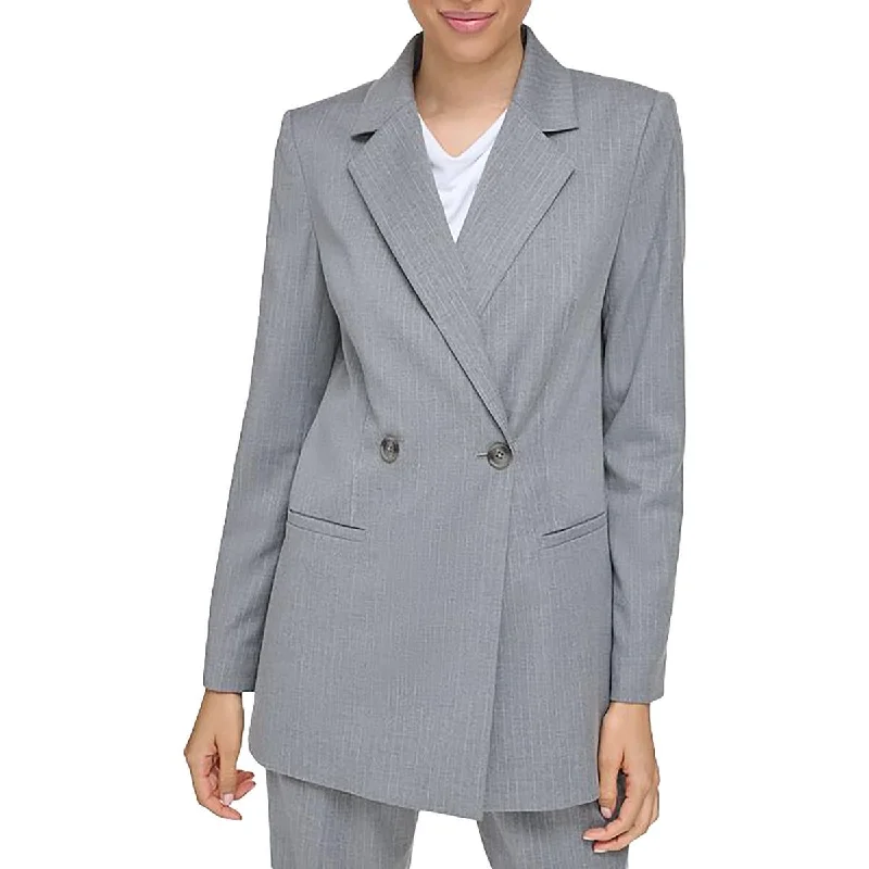 British Fashion Womens Striped Shoulder Pads Double-Breasted Blazer