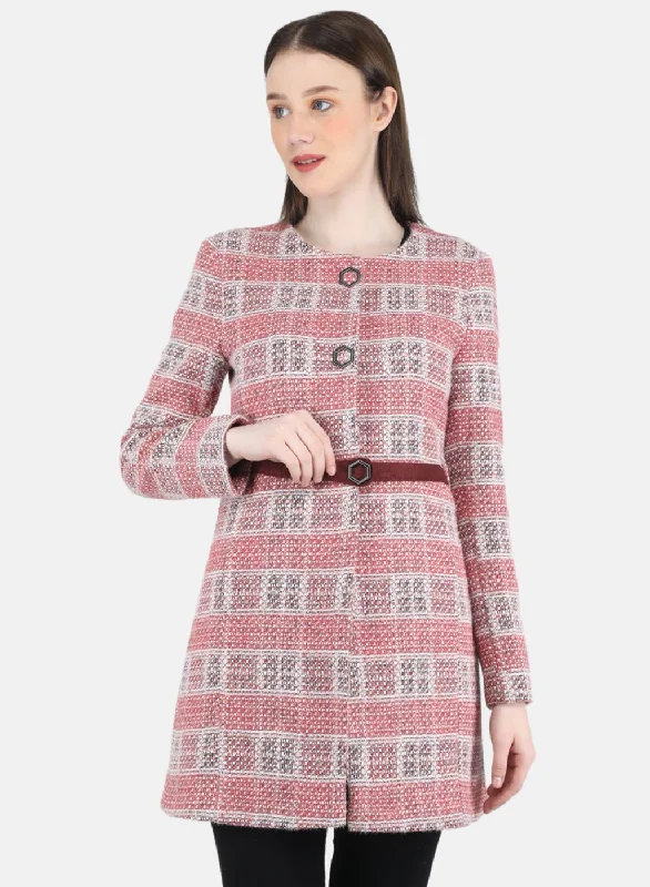 College Style Women Pink Check Coat