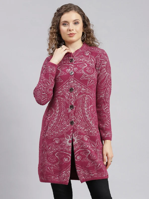 Modern City Women Maroon Jaquard Wool blend Knitted Coat