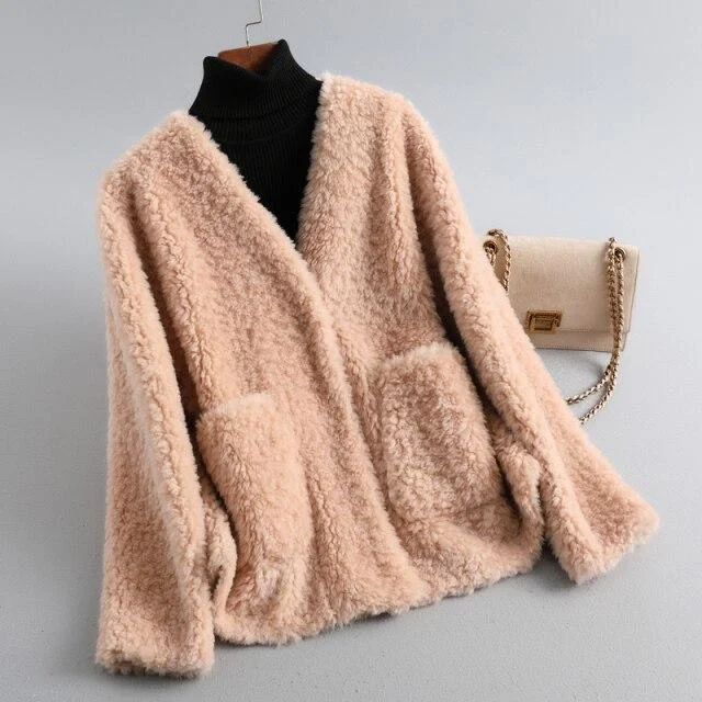Sports And Leisure Winter Casual Women's Solid Sheep Shearling Fur V-neck Short Coats & Jackets