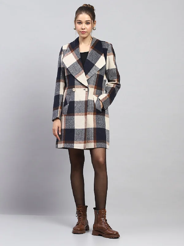 Fashion Style Women Navy Blue Check Notch lapel Collar Full Sleeve Coat