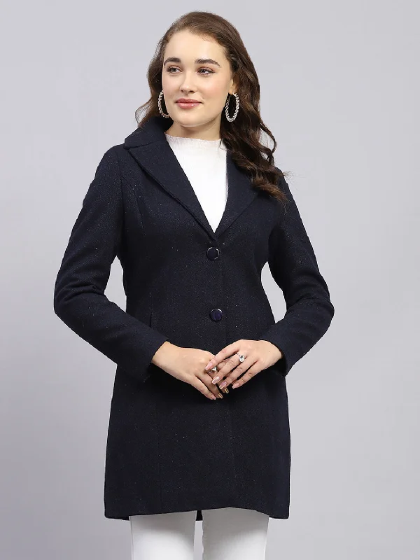 Free And Casual Women Navy Blue Self Design Notch lapel Collar Full Sleeve Coat