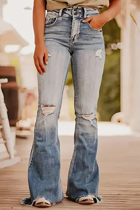 Casual And Comfortable Distressed Raw Hem Bootcut Jeans