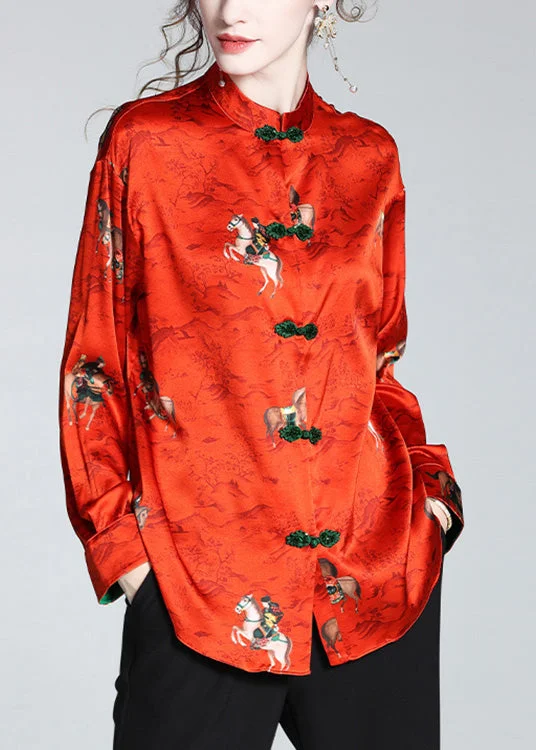 Fashion Concept Chinese Style Red Stand Collar Print Button Silk Coats Spring