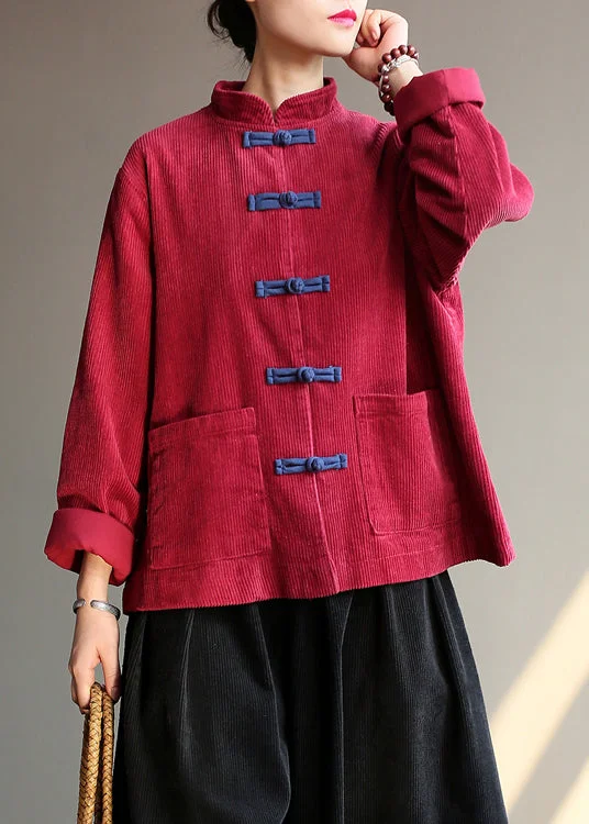 Comfy Chic Wear Chinese Style Wine Red Pockets Button Corduroy Coats Long Sleeve