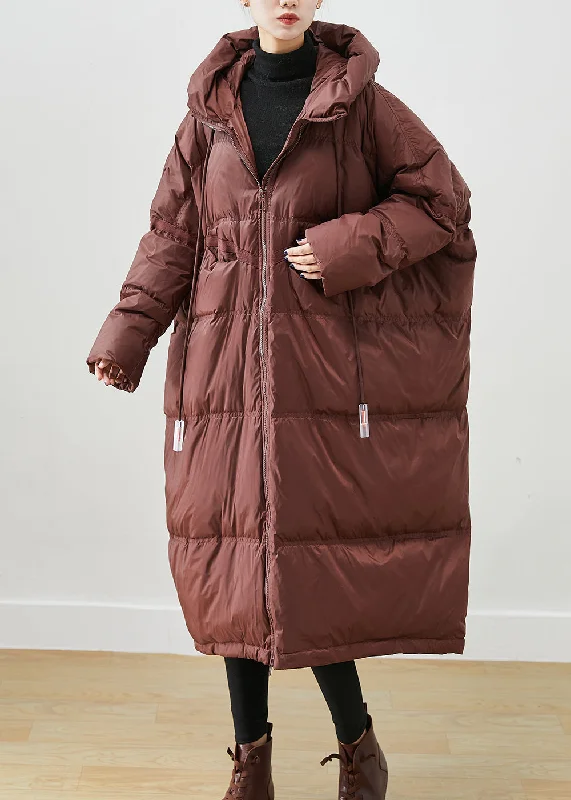 Soft Fabrics Chocolate Oversized Duck Down Jackets Hooded Drawstring Winter