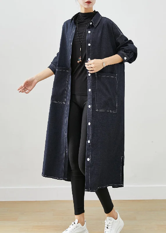 Cozy Sweaters Classy Black Oversized Pockets Side Open Denim Trench Coats Fall