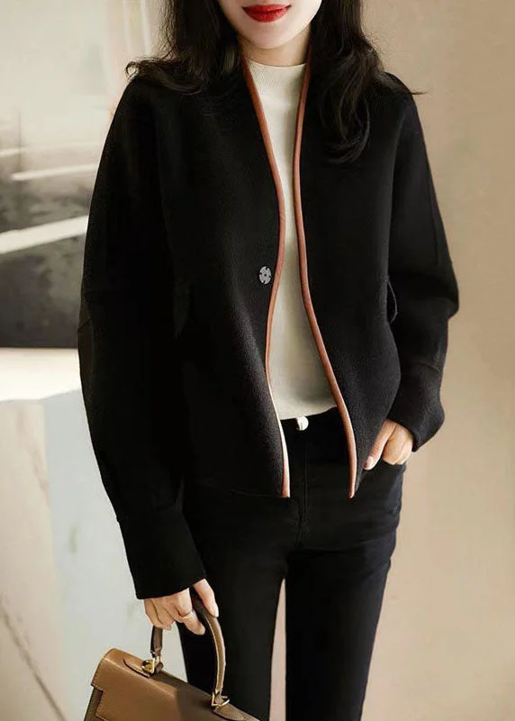 Low-key Luxury Classy Black V Neck Patchwork Button Wooled Blend Coats Fall