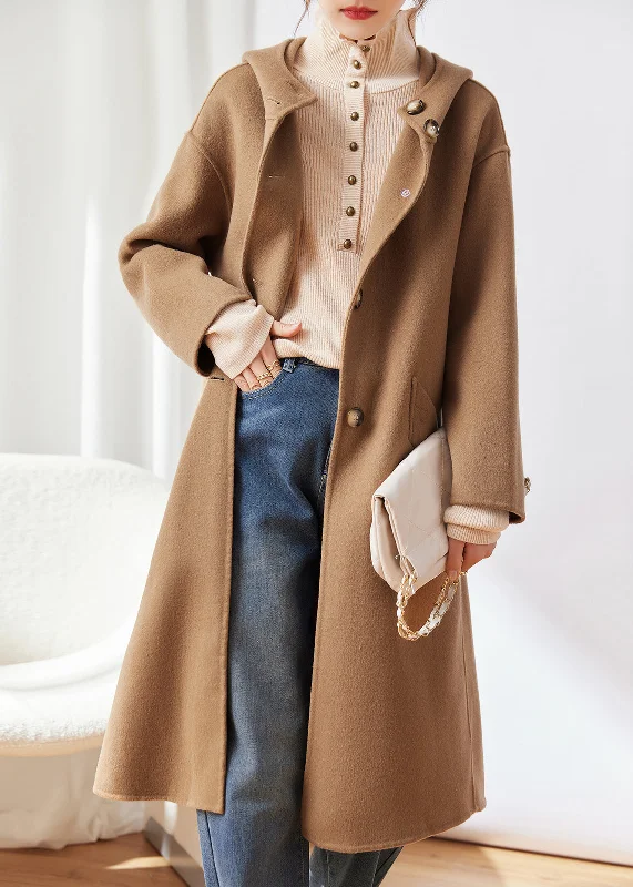 Fashionable Prints Classy Khaki Pockets Button Patchwork Woolen Hoodies Coat Winter Fashionable Prints Classy Khaki Pockets Button Patchwork Woolen Hoodies Coat Winter