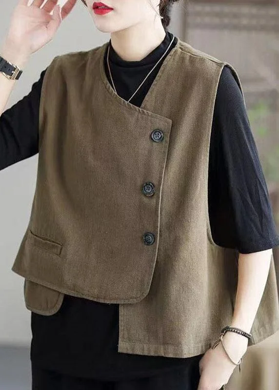 Single-shoulder Neck Design Classy Khaki retro Button asymmetrical design Fall Sleeveless waistcoat