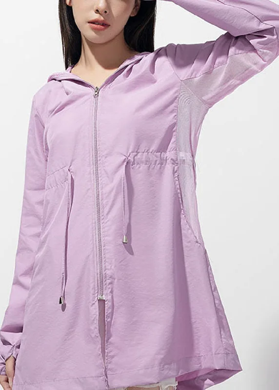 Easy Chic Classy Purple Hooded Pockets Drawstring Patchwork Ice Silk UPF 50+ Coat Summer