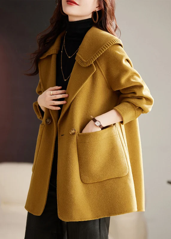 Cute Design Classy Yellow Button Pockets Patchwork Wool Coat Long Sleeve
