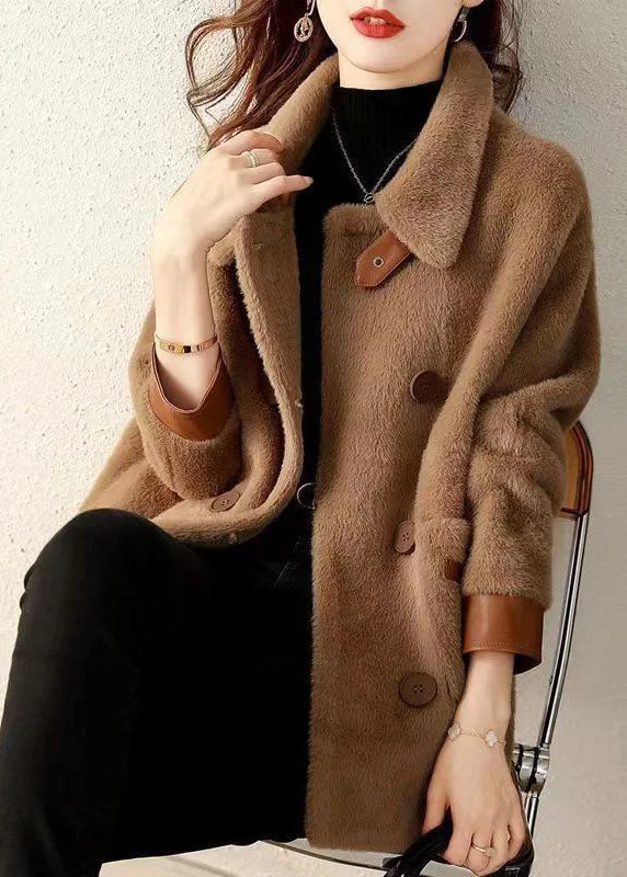 Trendy Wear Coffee Pockets Patchwork Faux Fur Coat Peter Pan Collar Button Fall
