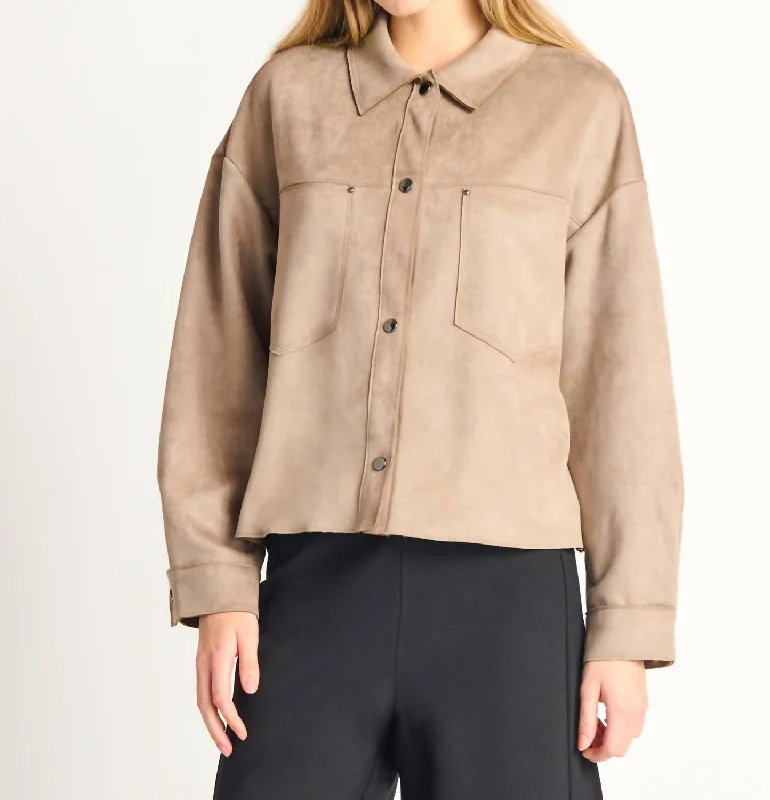 Carefree Faux Suede Button Front Jacket In Taupe