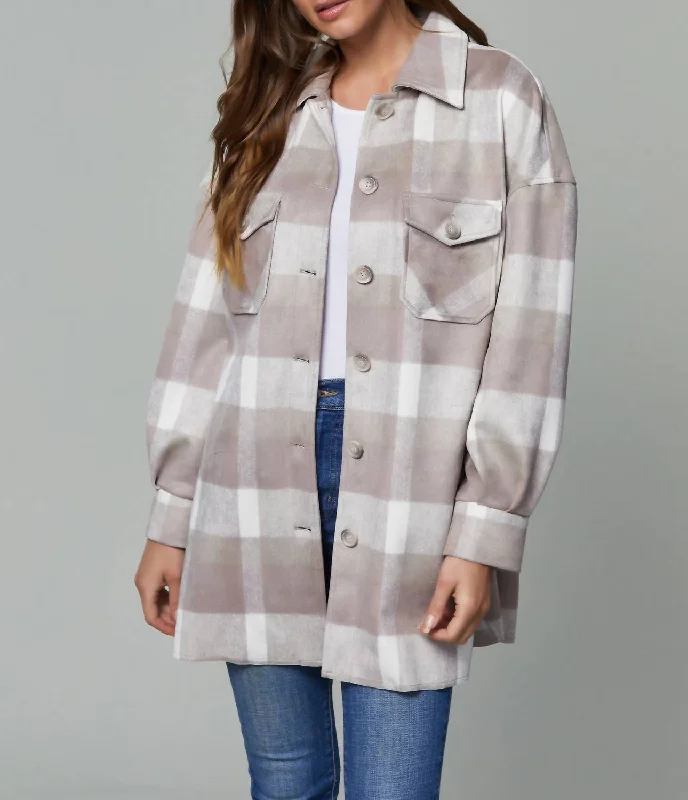 Cozy Fashion Trends Plaid Shacket Front Pockets In Taupe
