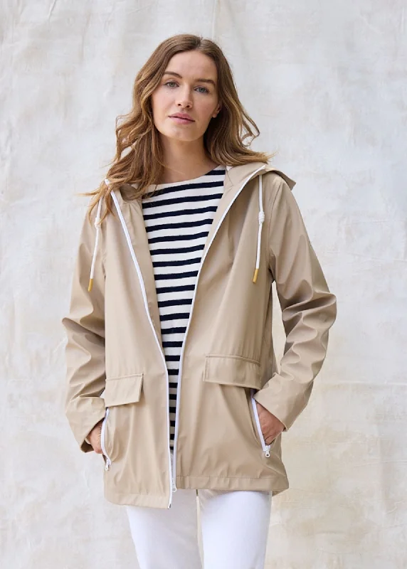 Urban Comfort ST GABRIELLE - Waterproof Patterned Rain Jacket with Fancy Drawstrings (OATMEAL)
