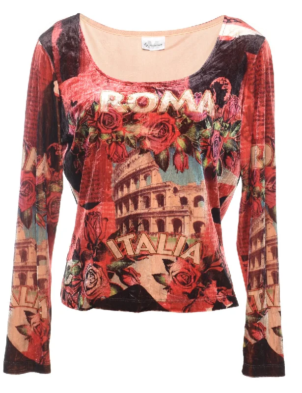 Classic Retro Roma Design Y2K Multi-Colour Printed Top - L