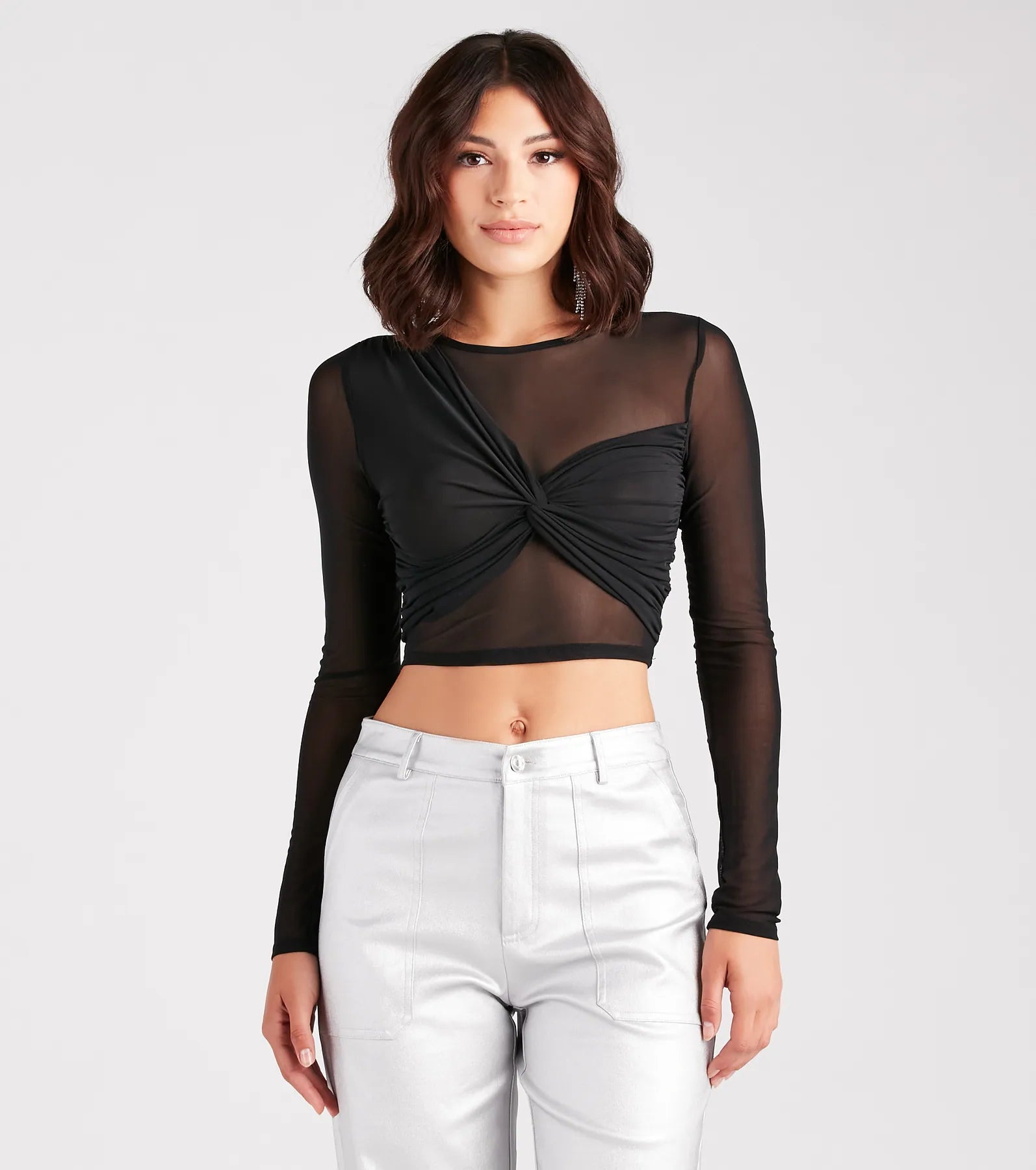 Casual And Comfortable Sheer Stunner Twist-Front Mesh Crop Top