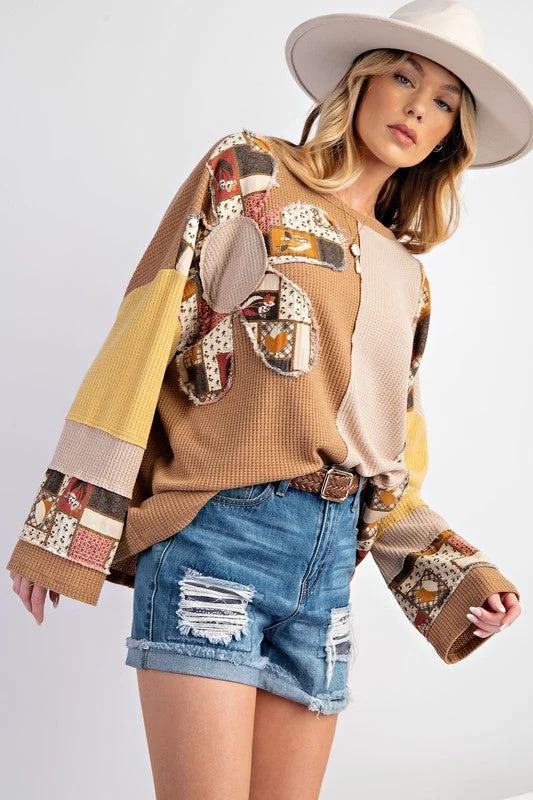 Elegant Temperament ZEPHYR COLOR BLOCK THERMAL MINERAL WASHED PULLOVER